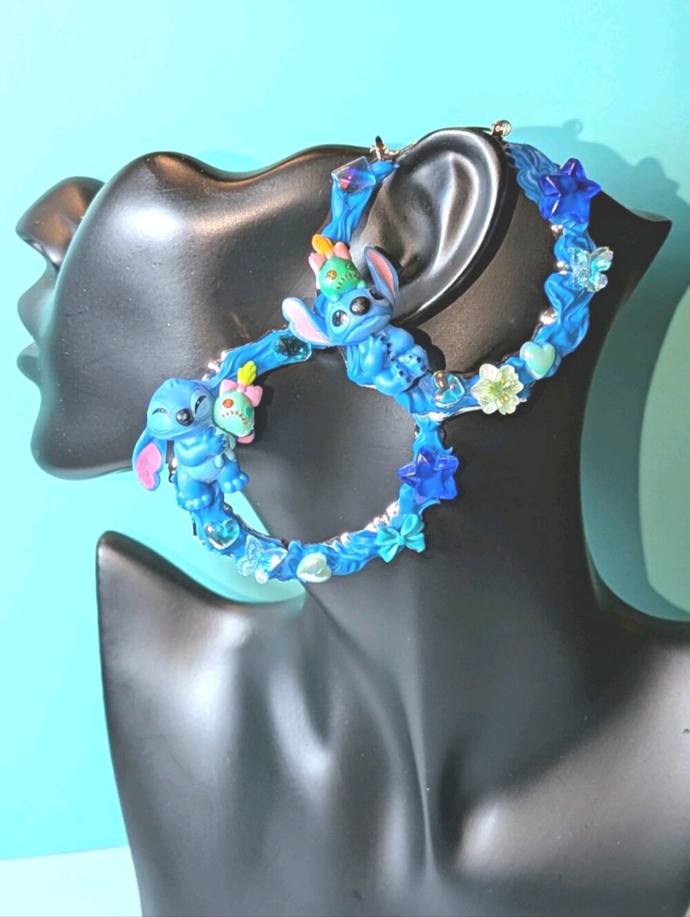 Hand Crafted Blue Stitch Floral Medium Hoop Earrings From Our Decoden Collection